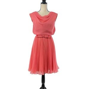 Vintage Miss Elliette Coral Pink Pleated Chiffon Dress Bow Waist Size 10P